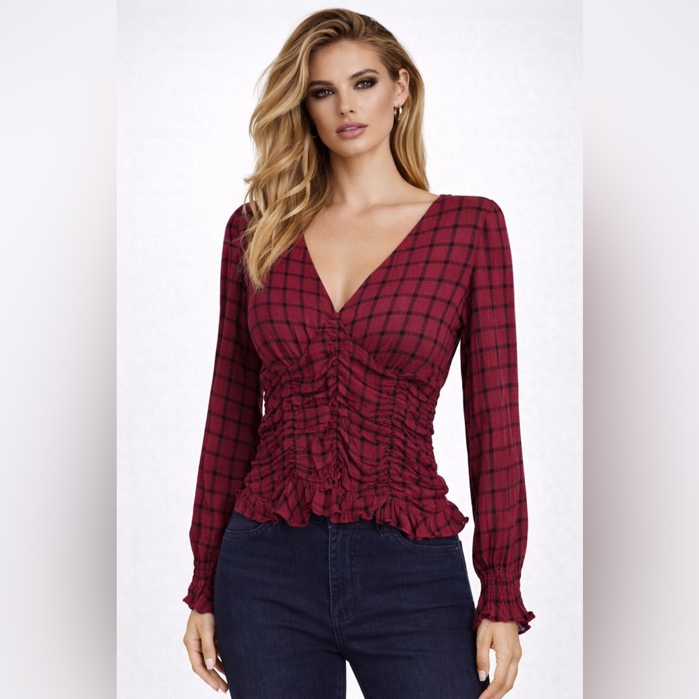 Crave‎ Fame Plaid Blouse Ruched Front Long Sleeve Top Burgundy Small